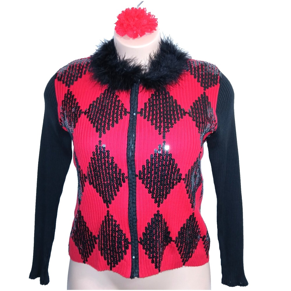 Berek Takako Sakon Women Sweater L Red Black Sequins Faux Fur Glam Diva Ribbed